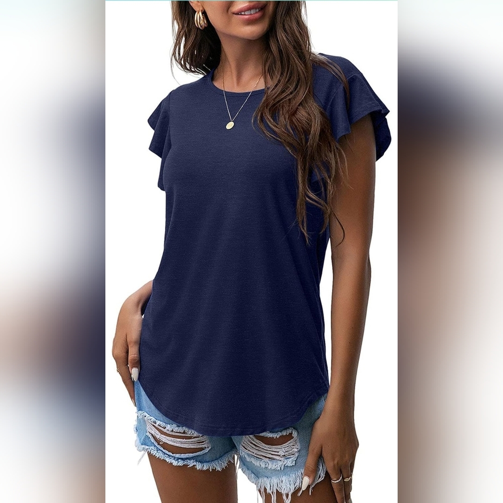 Round Neck Ruffle Cap Sleeve Knit Tunic Blouse